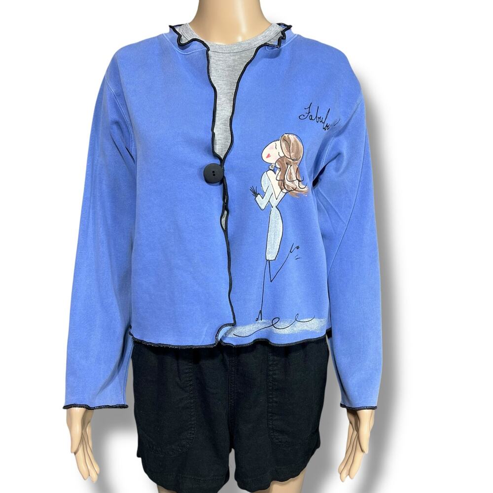 Vintage Stick Chics Womens Hand Painted Sweatshirt Button Closure Blue Medium